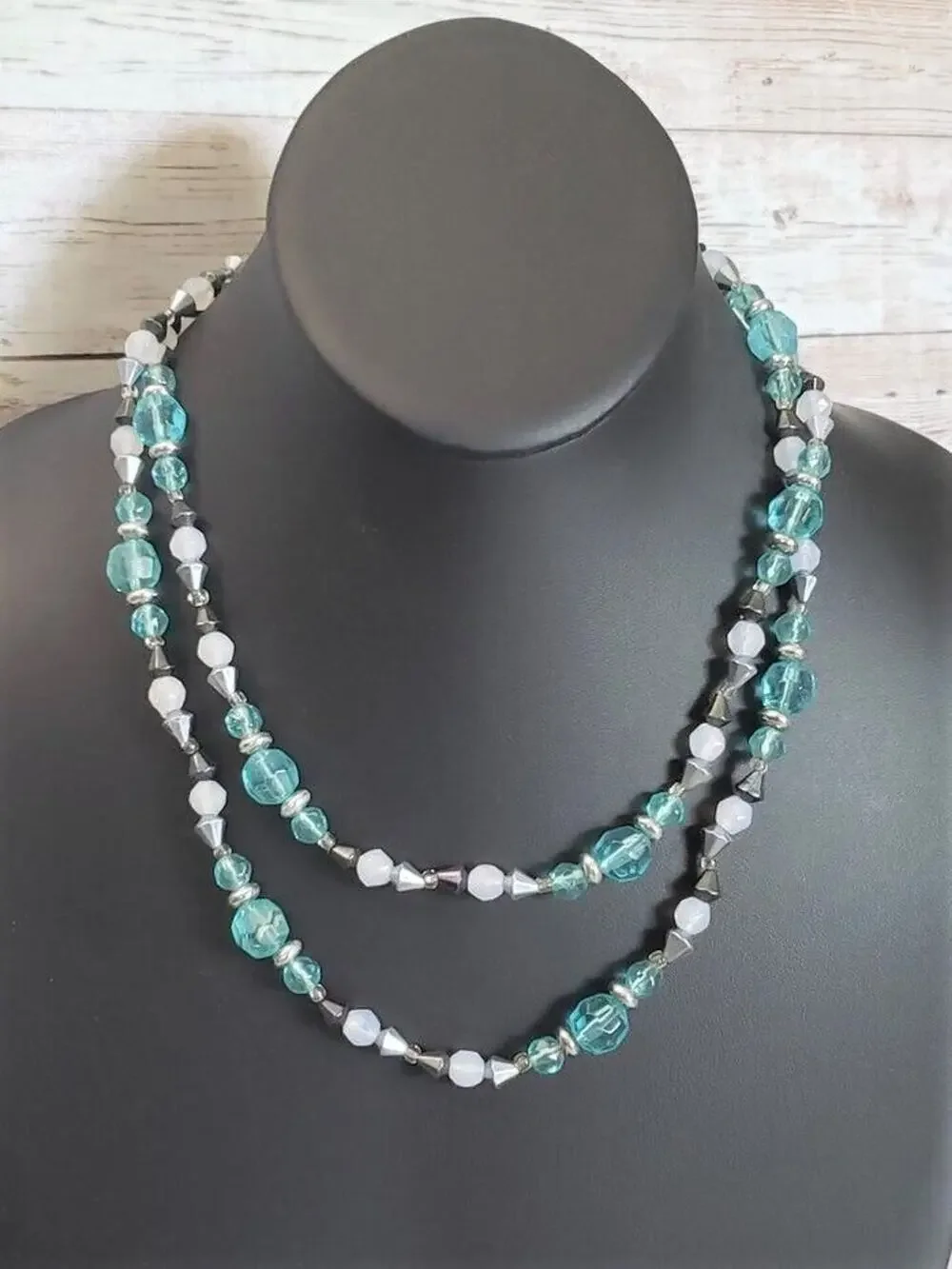 Vintage Necklace Double Strand Beaded Necklace - Blue Tones